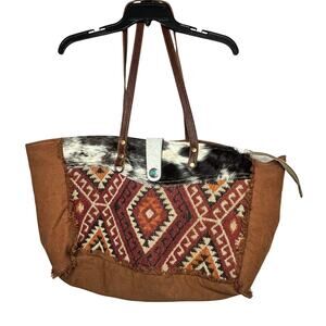 Myra Leather Cotton Boho Western Rodeo Berry Cowhide Weekender Zipper Tote Bag